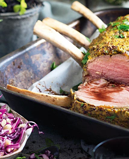 Mustard-crusted veal roast with red cabbage slaw