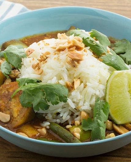 Spicy Eggplant & Green Bean Curry with Garlic Rice & Ginger Peanuts