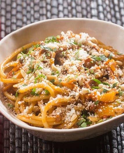 Spicy Peperonata Pasta with Tinkerbell Peppers, Cherry Tomatoes & Pine Nuts