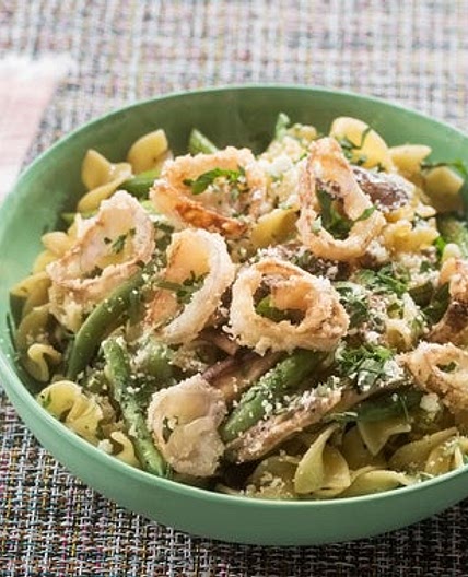 Cremini & Shiitake Mushroom Pasta with Summer Beans & Crispy Shallot Rings