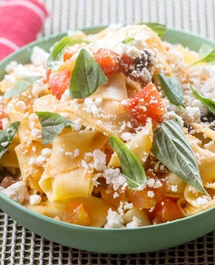 Fresh Pappardelle Pasta with Summer Tomato-Olive Ragù & Ricotta Salata