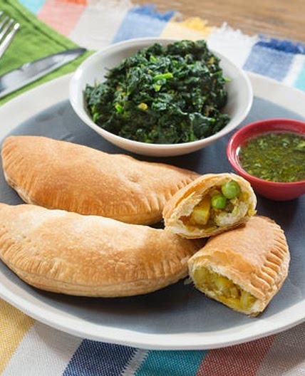 Potato & English Pea Samosas with Saag & Cilantro Chutney