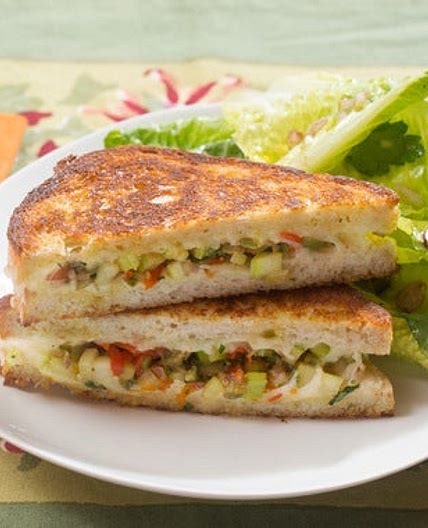 Muffuletta-Style Grilled Cheese Sandwiches with Baby Romaine & Pistachio Salad