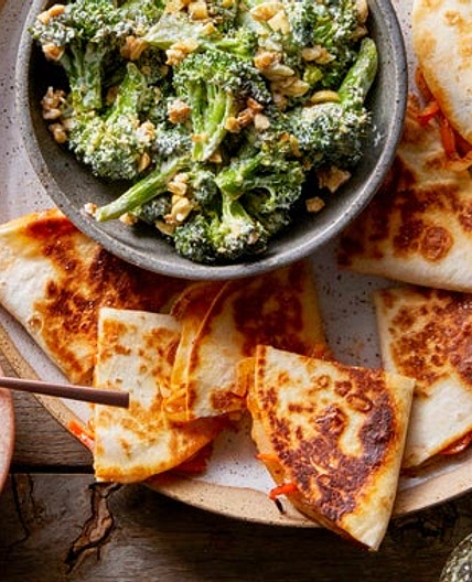 Spicy Pepper & Onion Quesadillas with Roasted Broccoli Salad