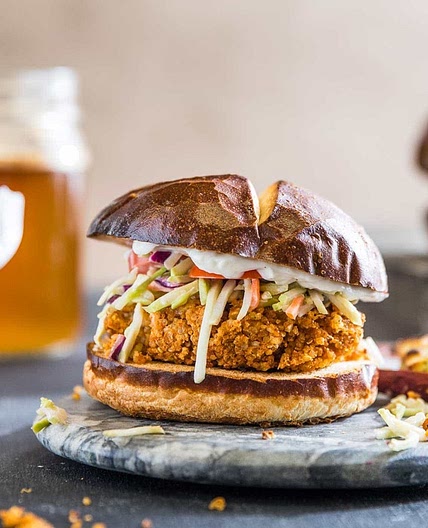 BBQ Chickpea Burger with Creamy Broccoli Slaw and Yam Fries