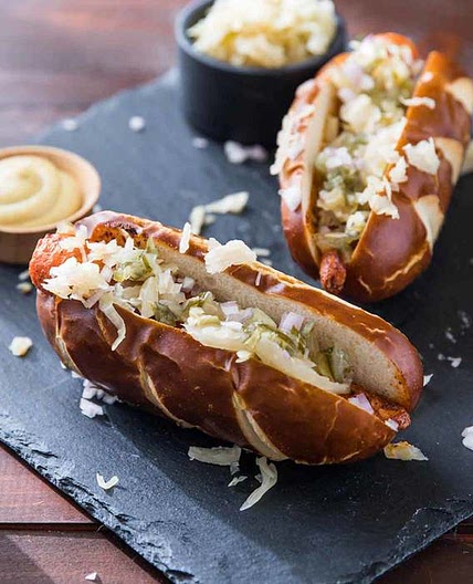 German-Style Carrot Dogs with Pretzel Buns and Dijon Potato Salad
