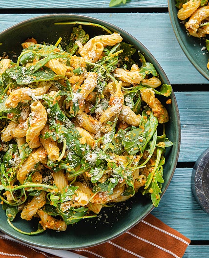 Carrot Pesto Cavatappi with Lemon Arugula & Parmesan