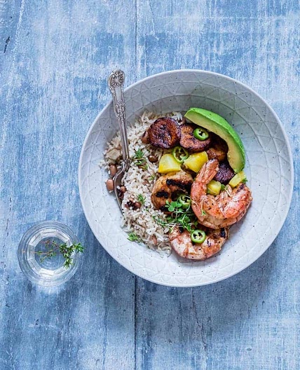 Jerk Shrimp With Coconut Rice and Peas recipe