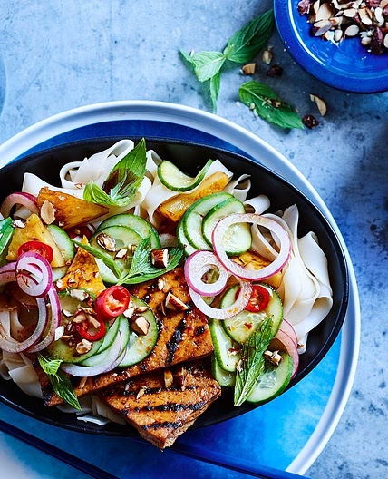 Marinated tofu noodle bowl with caramelised pineapple