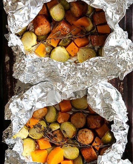 Spicy Sausage and Brussel Sprouts Foil Packets