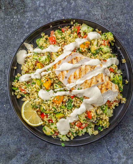 Chicken Tabbouleh Recipe With Roasted Veggies & Tahini