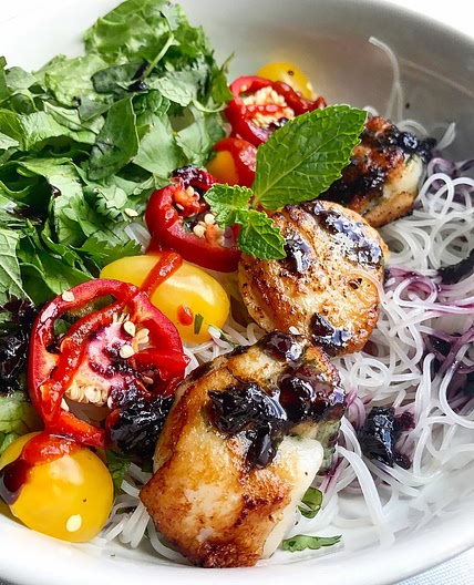 Seared Scallop Vermicelli Bowl w/ Ginger Honey Blueberry Sauce