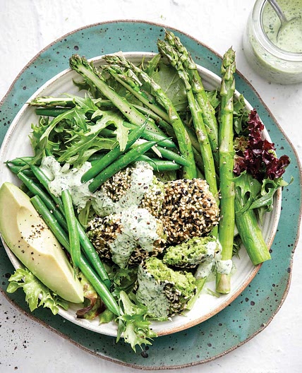Edamame falafel bowl with creamy herb dressing