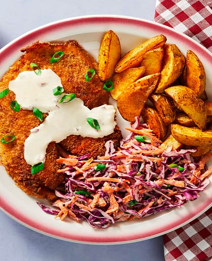Louisiana-Style Tilapia with Potato Wedges, Red Cabbage Slaw & Spicy Remoulade