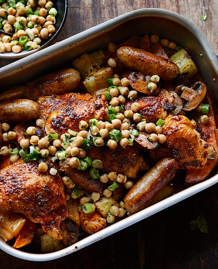 Chicken and sausage traybake with harissa, mushrooms and chickpeas