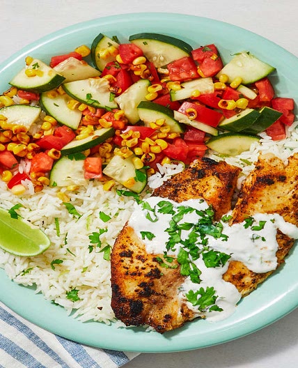 Southwest Tilapia with Charred Corn Salad and Buttery Lime Rice