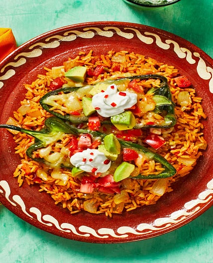 Veggie Chiles Rellenos with Avocado Salsa and Zesty Crema