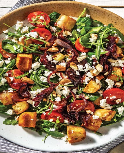 Goat Cheese & Cherry Tomato Panzanella Salad with Caramelised Onion & Almonds