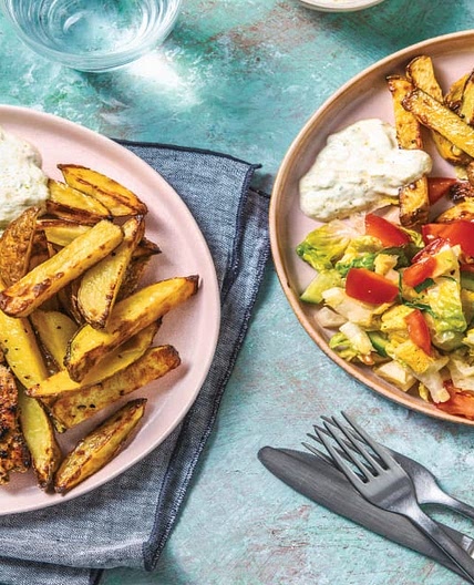 Greek-Style Chicken & Lemon Pepper Fries with Garden Salad & Tzatziki