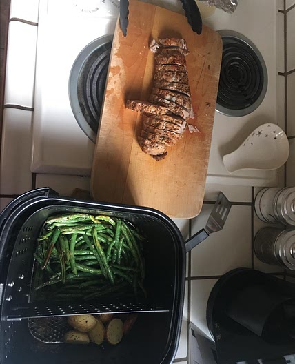 Air Fryer Mustard-Crusted Pork Tenderloin with Potatoes and Green Beans