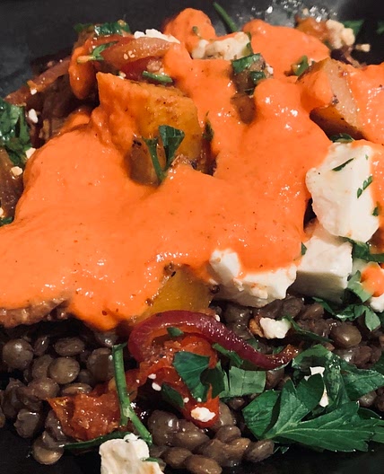 Puy lentils & roasted vegetables with feta & red pepper sauce