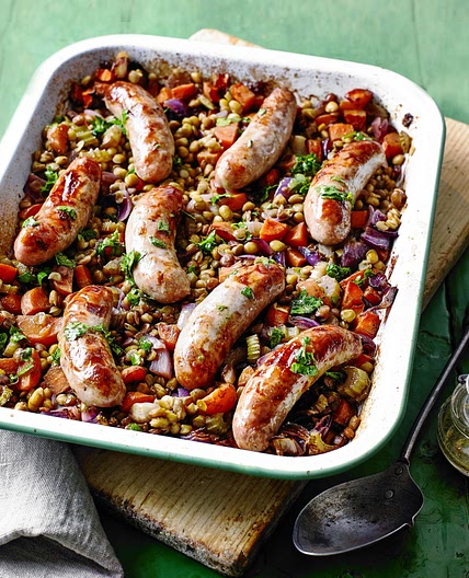 Green Lentil and Sausage Traybake