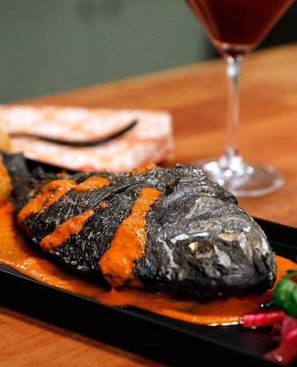 Whole Fried Black Fish with Piquillo Pepper Sauce & Raw Beet Salad