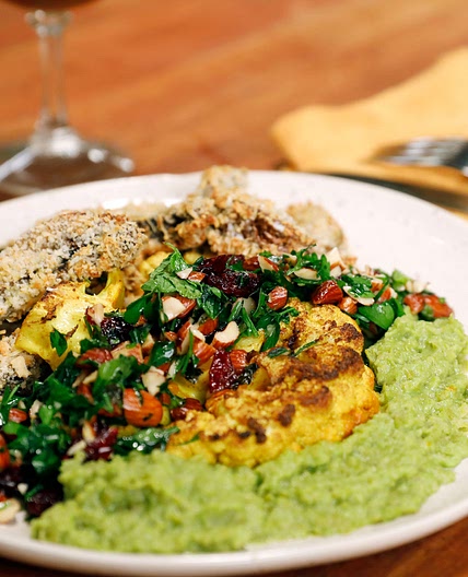 Curry Cauliflower Steak with Cranberry-Almond Gremolata, Pea Puree, and Portobello Mushroom Fries