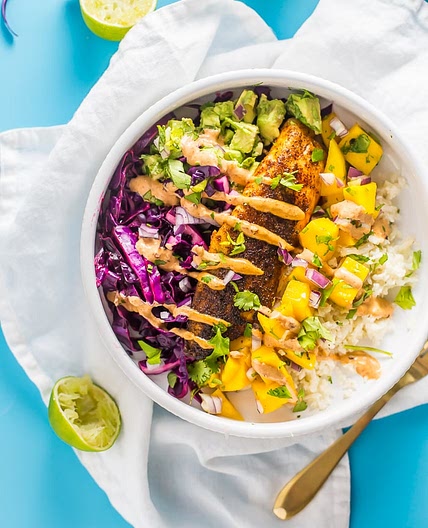 Whole30 Fish Taco Bowls with Mango Salsa, Chipotle Aioli, Coconut-Lime Cauliflower Rice (Paleo)