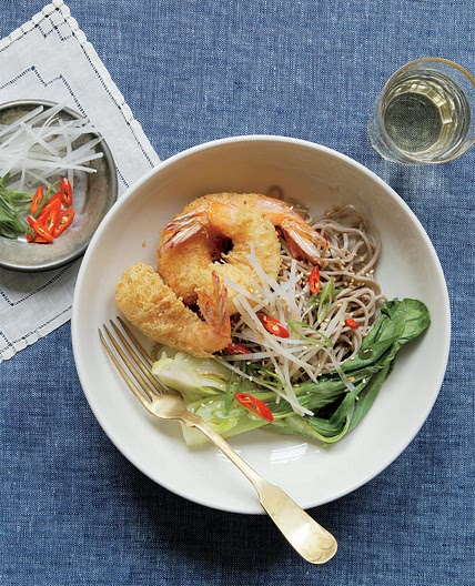 Soba noodles with bok choy and sesame tempura shrimp