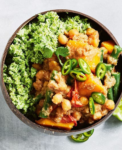 Coconut chickpea curry with broccoli rice