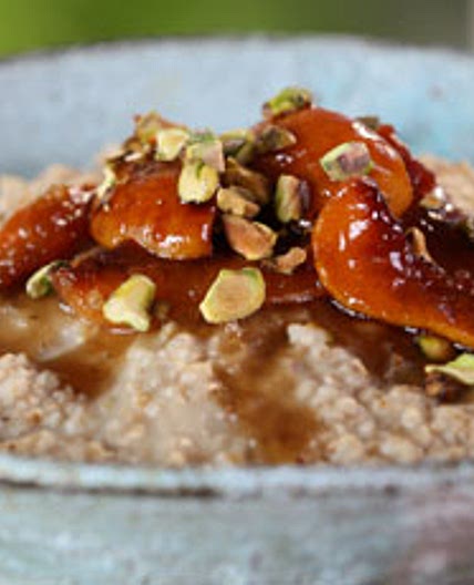 Lightly Toasted Overnight Steel-Cut Oatmeal with Honey-Roasted Apricots and Pistachios