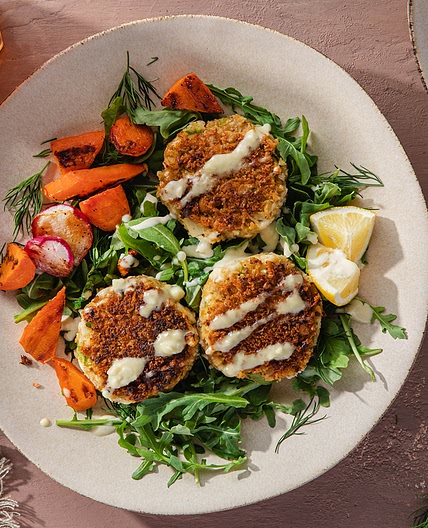 Crispy Fabcakes with Fresh Herb Salad & Creamy Lemon Dijon Dressing