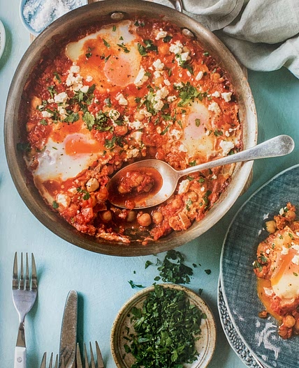 One-Pan Turkish Eggs + Chickpeas in Smoky Tomato Sauce