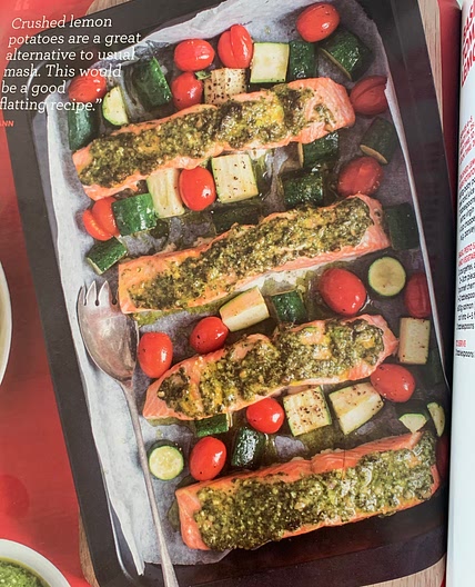 Basil Pesto Salmon with Roast Tomatoes, Courgette, and Crushed Lemon and Herb Potatoes