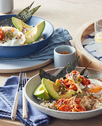 Kimchi, fried egg and brown rice brekkie bowl