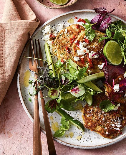 Lentil and zucchini fritters with cucumber salad
