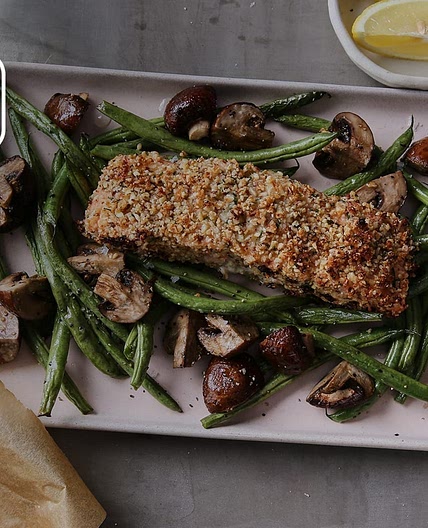Sheet Pan Almond-Crusted Salmon With Green Beans | Recipes | MyFitnessPal