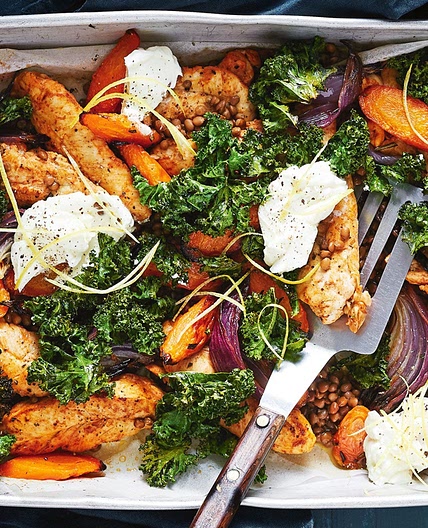 Healthy harissa chicken, lentil and kale tray bake recipe