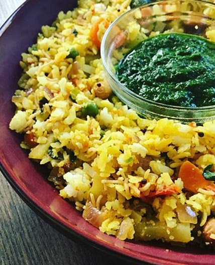 Indian spiced Poha (Flattened rice) with cilantro chutney