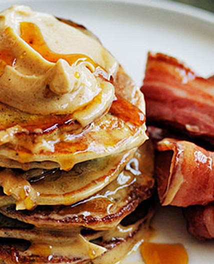 Buckwheat pikelets with bacon and maple butter