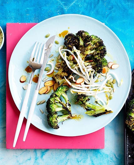 Barbecued broccoli with vine leaf butter