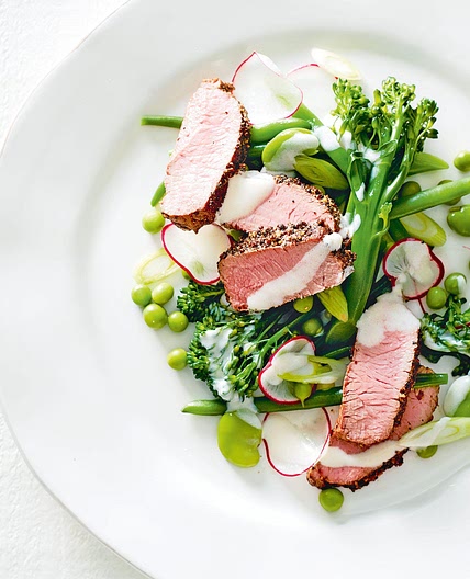 Spring vegetables with pepper-crusted lamb