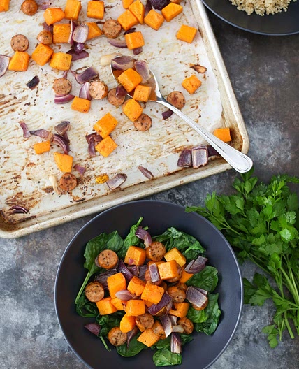 Fall Sheet Pan with Butternut Squash, Chicken Sausage, and Red Onion