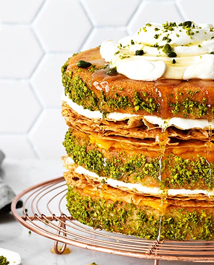 Pistachio and apricot baklava cake