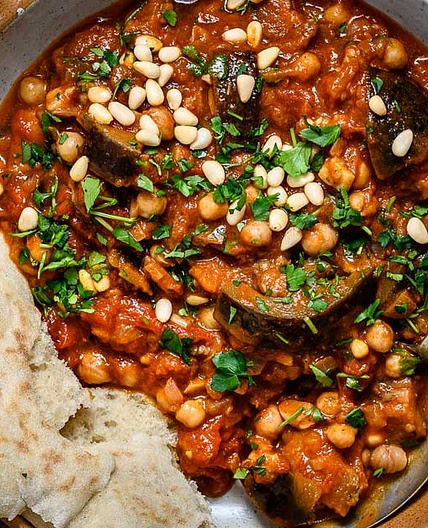 Aubergine Chickpea Stew with Fresh Flatbreads