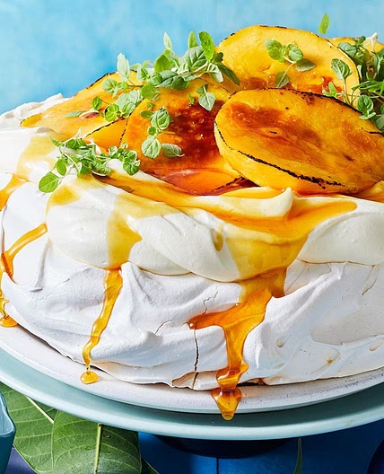 Bruleed mango pavlova