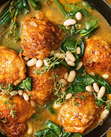 One-pan chicken with spinach and white beans