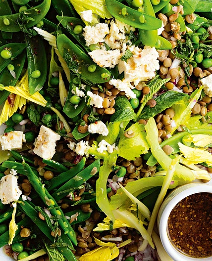 French lentil and pea salad with honey and mustard dressing