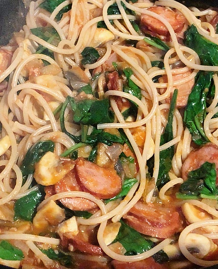 Spelt spaghetti with chorizo & mushrooms (low salt low carb)